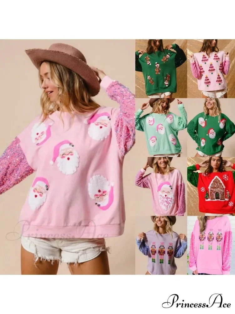 Glitter Patchwork Vintage Harajuku Slim Streetwear Christmas Hoodie