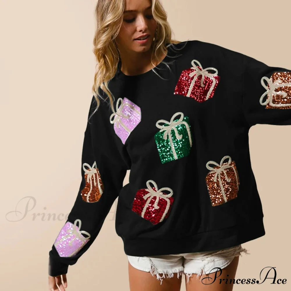 Glitter Patchwork Vintage Harajuku Slim Streetwear Long Sleeve Christmas Hoodie