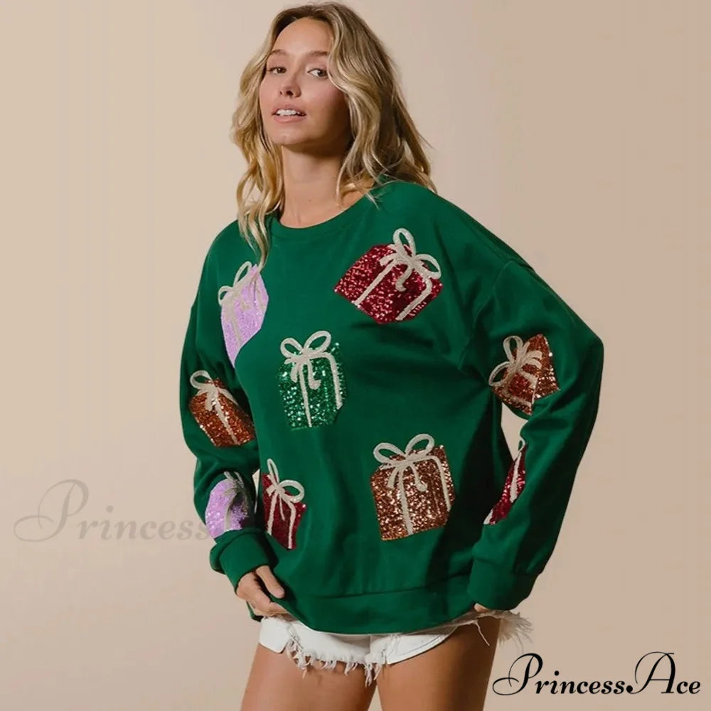 Glitter Patchwork Vintage Harajuku Slim Streetwear Long Sleeve Christmas Hoodie