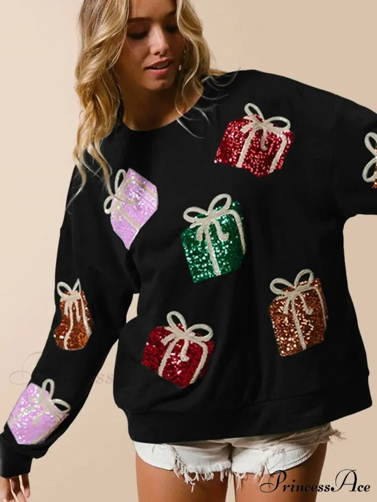 Glitter Patchwork Vintage Harajuku Slim Streetwear Long Sleeve Christmas Hoodie