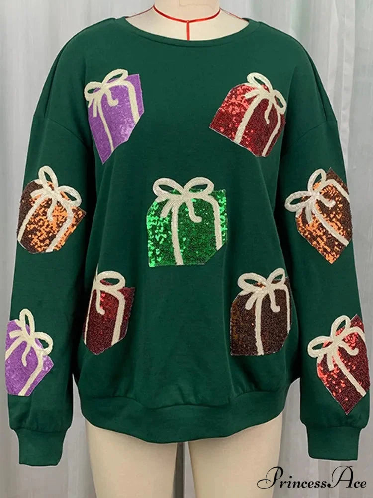 Glitter Patchwork Vintage Harajuku Slim Streetwear Long Sleeve Christmas Hoodie