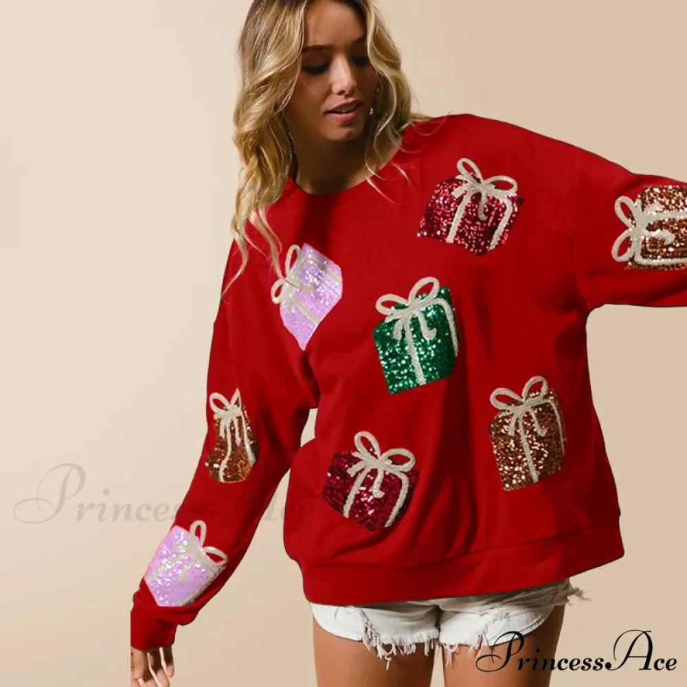 Glitter Patchwork Vintage Harajuku Slim Streetwear Long Sleeve Christmas Hoodie