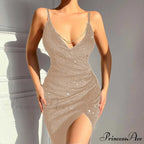 Glitter Sequins V Neck Backless Chain Straps Elegant Party Night Dress