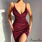 Glitter Sequins V Neck Backless Chain Straps Elegant Party Night Dress