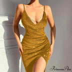 Glitter Sequins V Neck Backless Chain Straps Elegant Party Night Dress