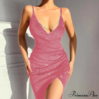 Glitter Sequins V Neck Backless Chain Straps Elegant Party Night Dress