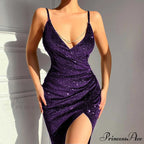 Glitter Sequins V Neck Backless Chain Straps Elegant Party Night Dress