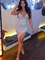 Glitter V-Neck Split Party Dress