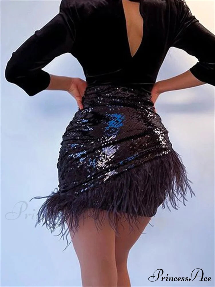 Glitter Women Sequin Feather Tassel Mini Skirt