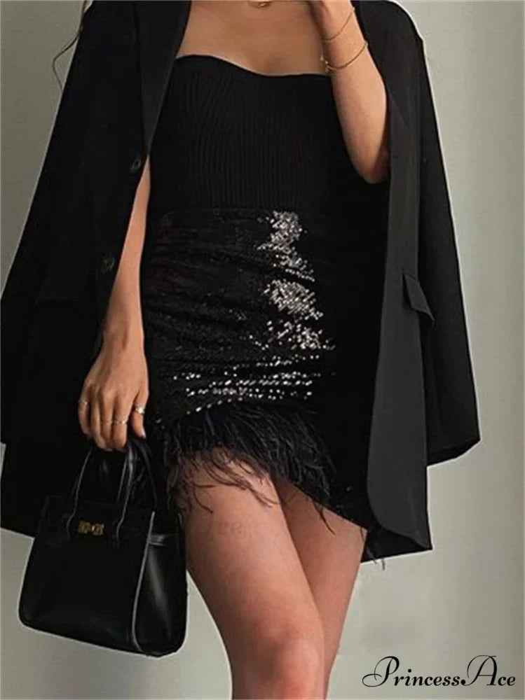 Glitter Women Sequin Feather Tassel Mini Skirt