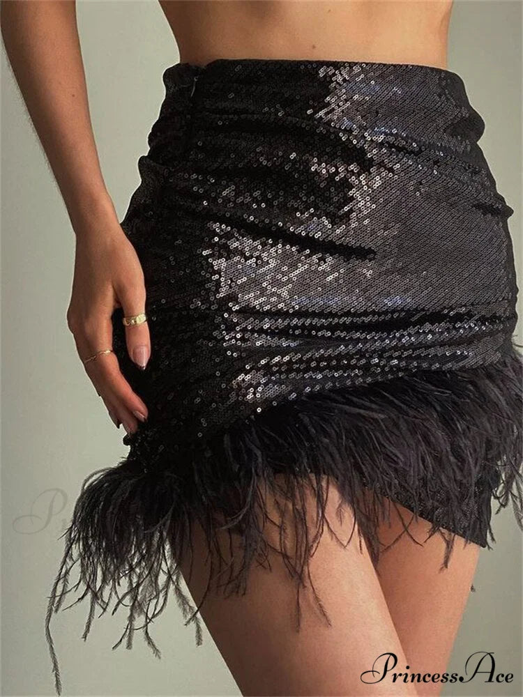 Glitter Women Sequin Feather Tassel Mini Skirt