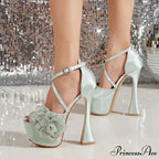 Glittering Rhinestone Flower Platform Sandals Sexy Peep-Toe Pole-Dance Wedding Banquet Pumps High Heel