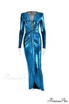 Glossy V Neck Ruched Slit Dress