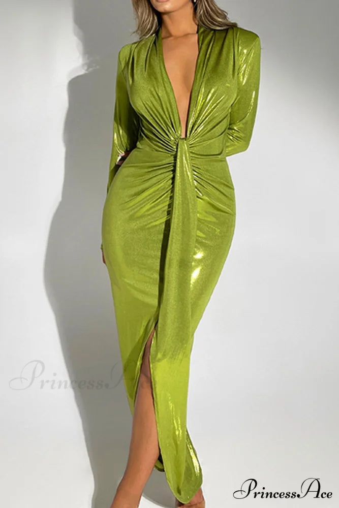Glossy V Neck Ruched Slit Dress