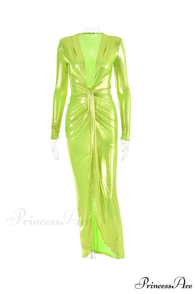 Glossy V Neck Ruched Slit Dress