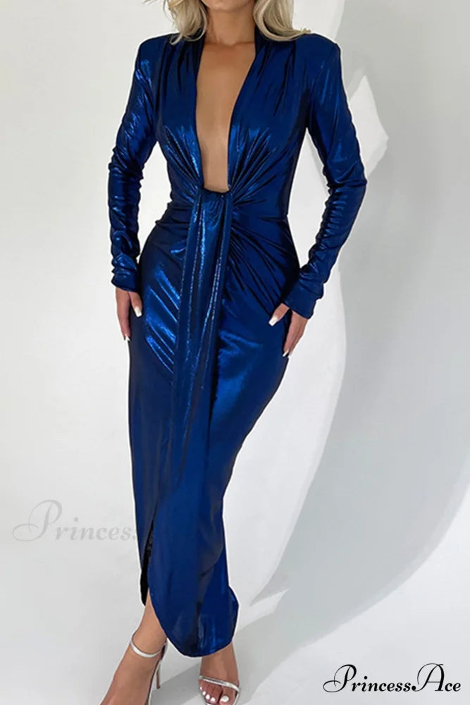 Glossy V Neck Ruched Slit Dress