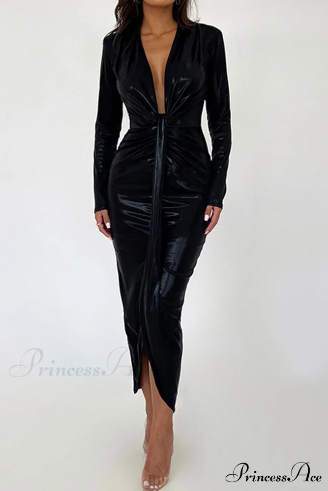 Glossy V Neck Ruched Slit Dress