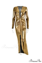 Glossy V Neck Ruched Slit Dress