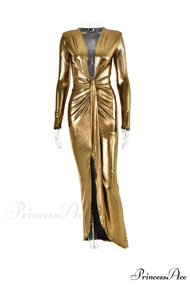 Glossy V Neck Ruched Slit Dress