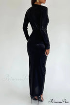 Glossy V Neck Ruched Slit Dress