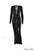 Glossy V Neck Ruched Slit Dress