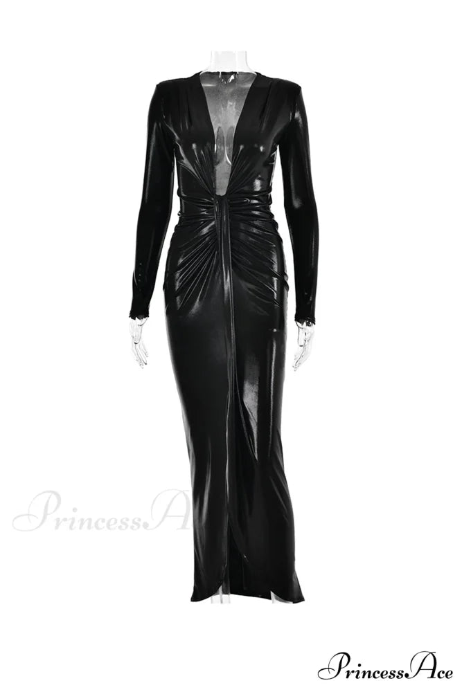 Glossy V Neck Ruched Slit Dress