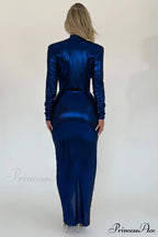 Glossy V Neck Ruched Slit Dress