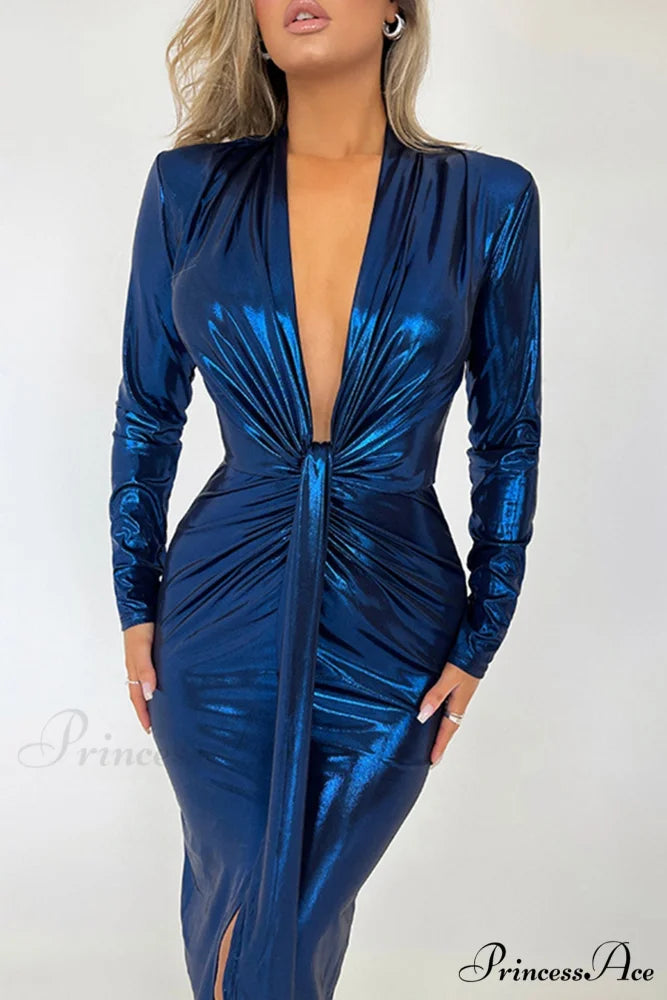 Glossy V Neck Ruched Slit Dress