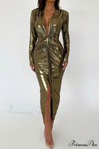 Glossy V Neck Ruched Slit Dress