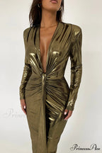 Glossy V Neck Ruched Slit Dress