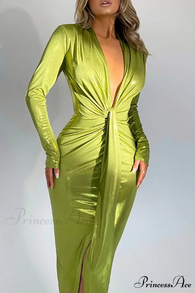 Glossy V Neck Ruched Slit Dress