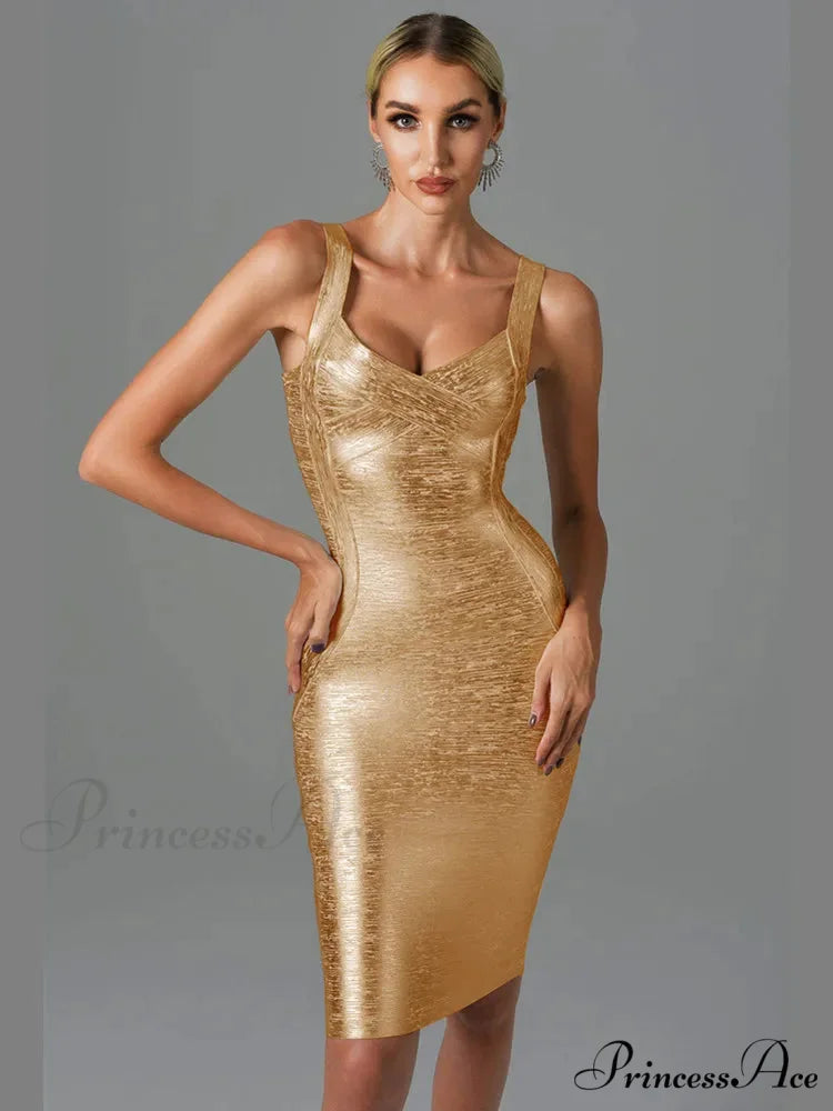 Gold Bronzing Midi Party Dress