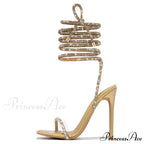 Gold Crystal Ankle Cross-Strap Sexy Open-Toe Club Summer Party Banquet High Heel