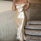 Gold Satin Spaghetti Strap Party Dress