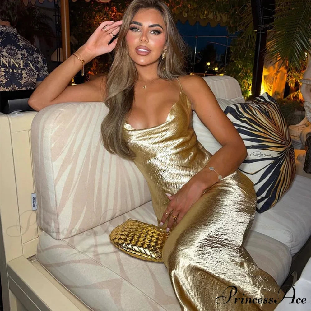 Gold Satin Spaghetti Strap Party Dress