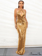 Gold Sequin Backless Long Party Dress