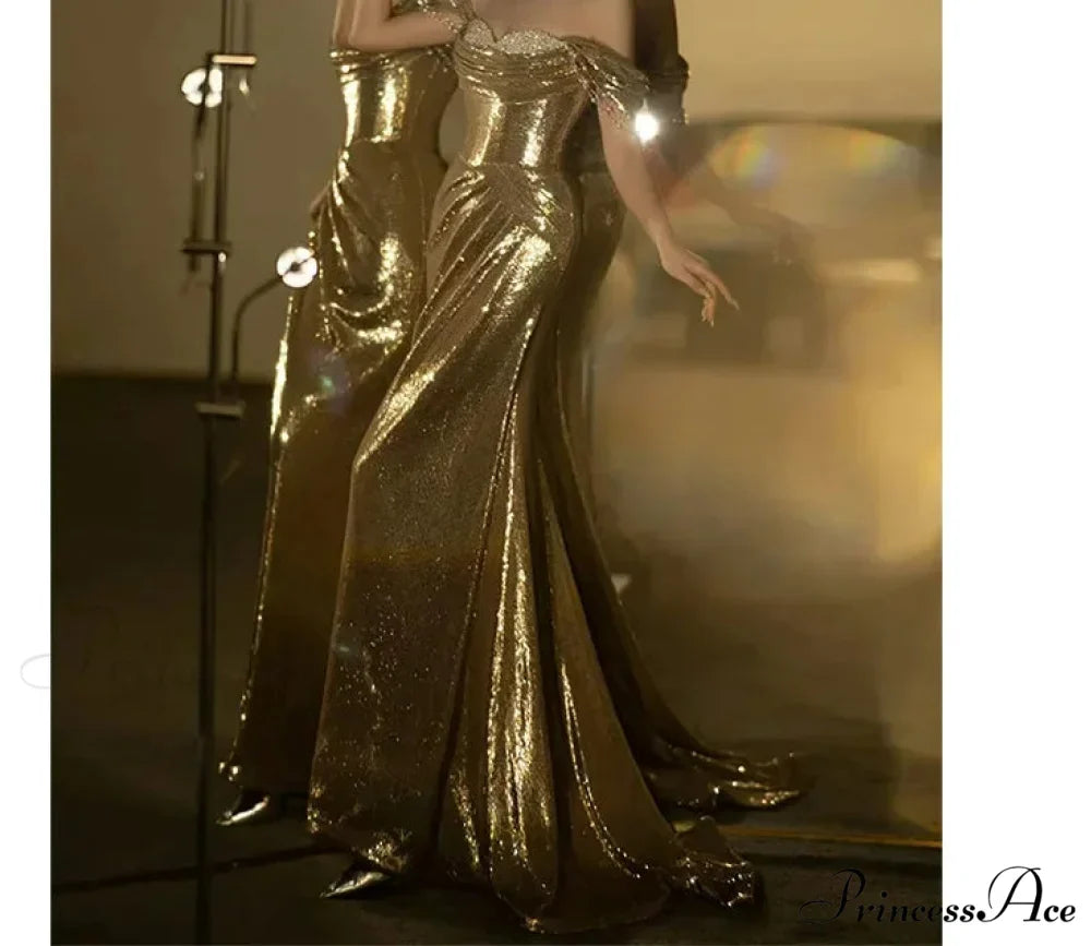 Golden Backless Sequined Party Dress