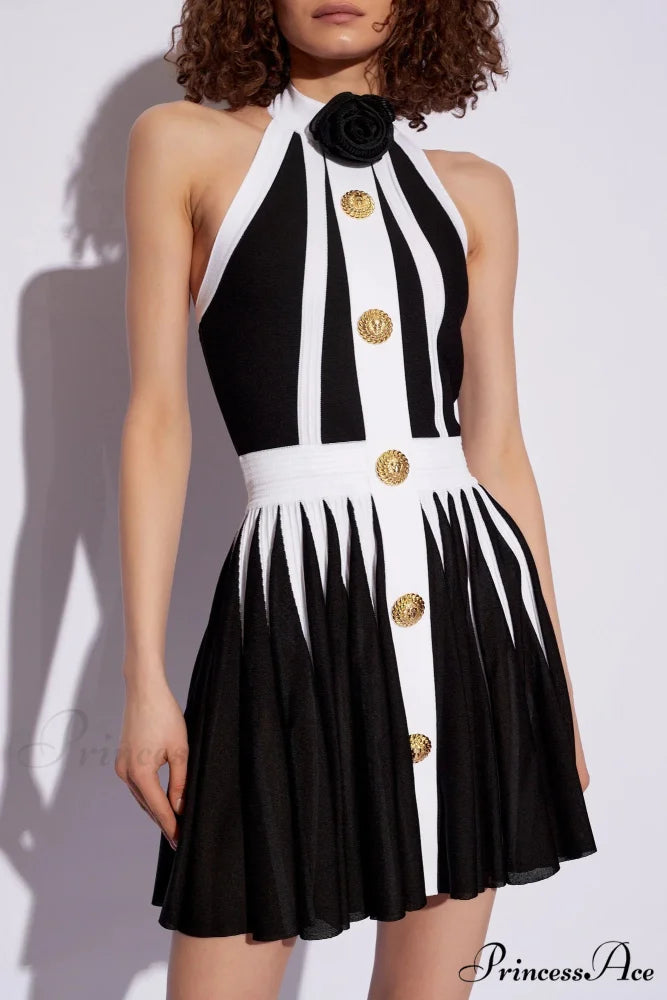 Golden Buttons Patchwork Party Dress