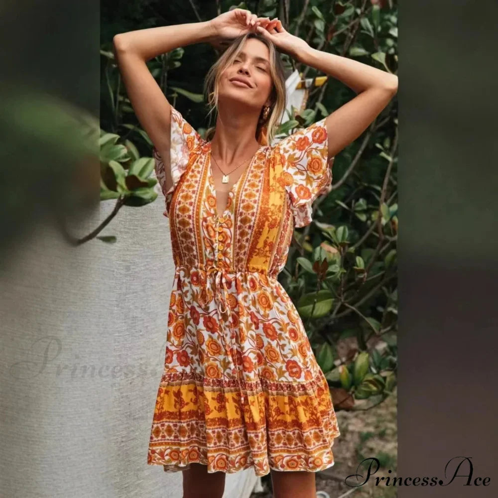 Golden Floral Lace-up Rayon Bohemian Dress