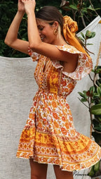 Golden Floral Lace-up Rayon Bohemian Dress