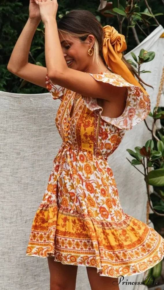 Golden Floral Lace-up Rayon Bohemian Dress