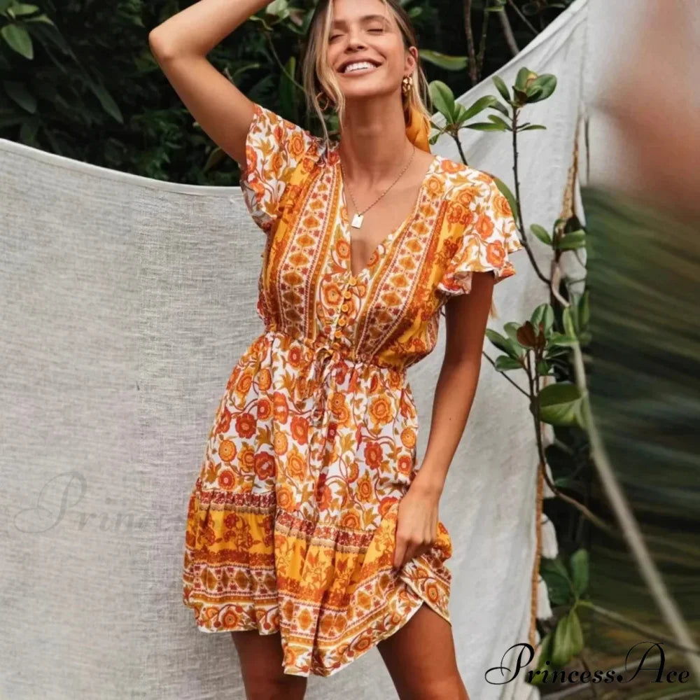 Golden Floral Lace-up Rayon Bohemian Dress