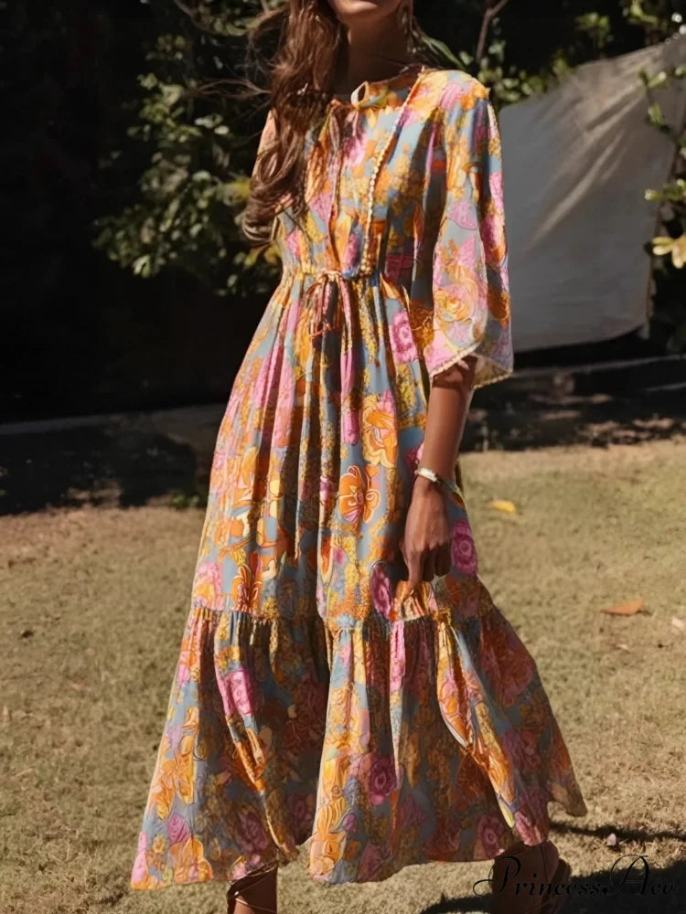 Golden Floral Pattern Batwing Sleeve Seaside Summer Maxi Boho Dress