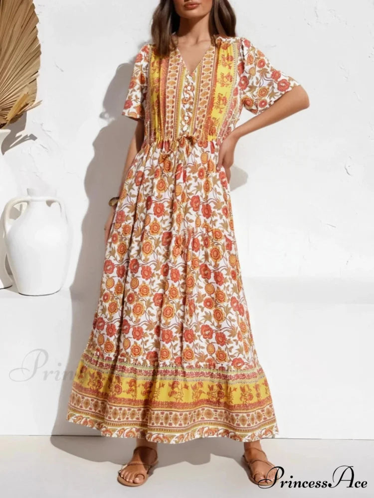 Golden Floral Pattern Frill Sleeve Pleated Summertime Maxi Bohemian Dress