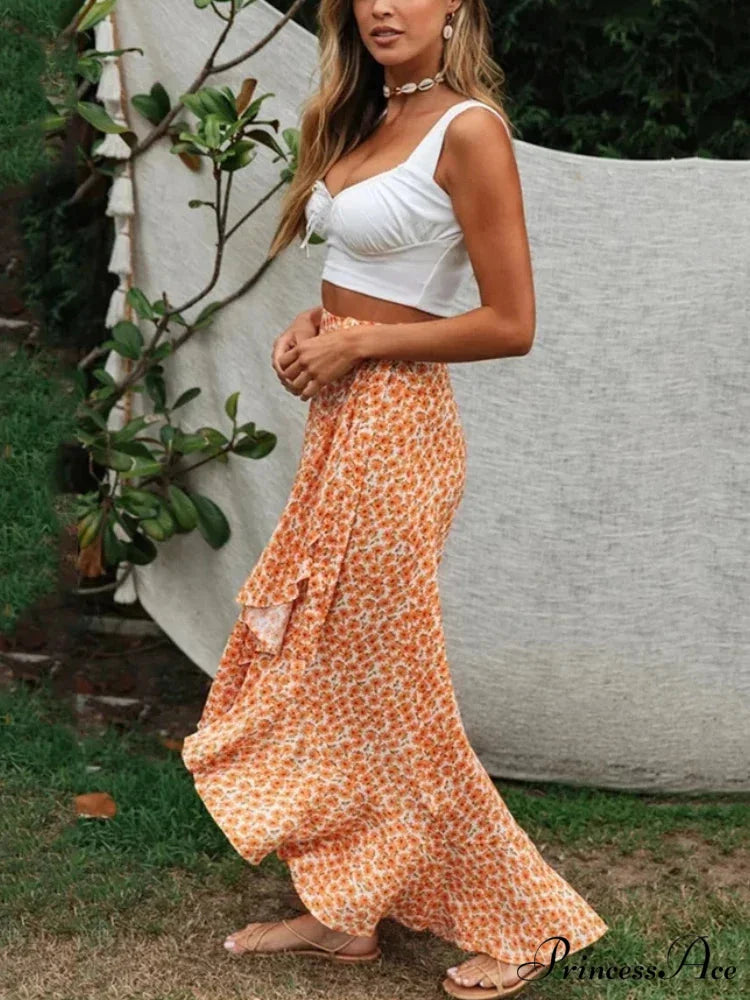 Golden Floral Pattern Rayon Seaside Split Uneven Bohemian Skirt