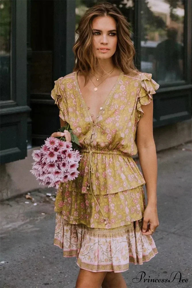 Golden Floral Pattern V-neck Lace Fringe Summer Mini Boho Sundress