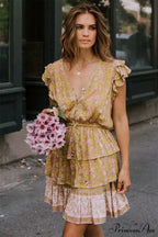 Golden Floral Pattern V-neck Lace Fringe Summer Mini Boho Sundress