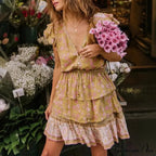 Golden Floral Pattern V-neck Lace Fringe Summer Mini Boho Sundress