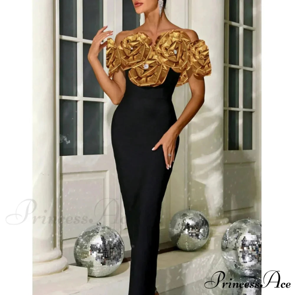 Golden Flower Off-Shoulder Bandage Party Dress