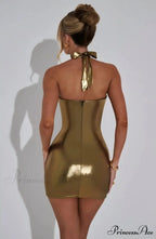 Golden Halter Neck Party Dress